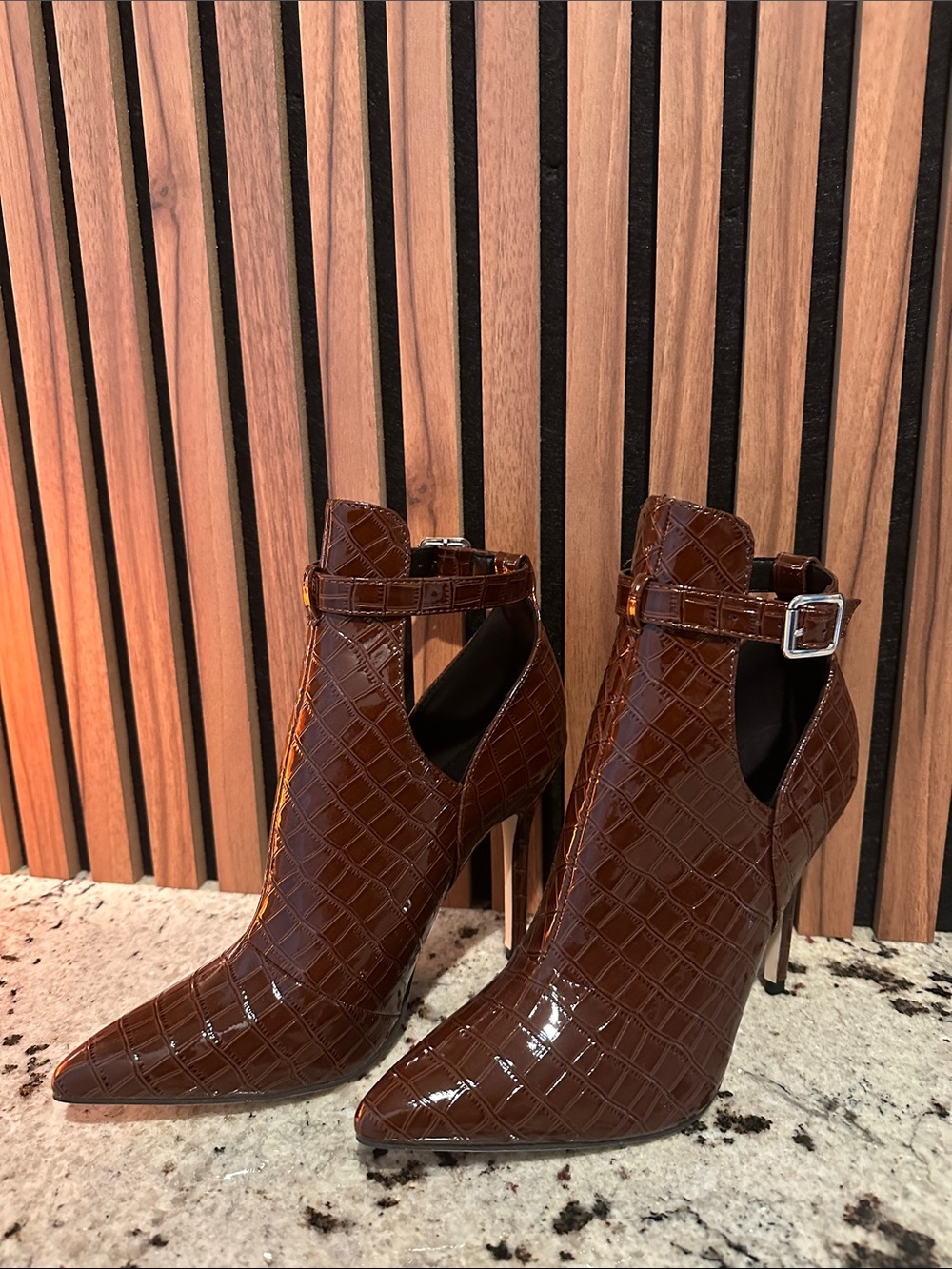 Patent Croc-Embossed Brown High Heel Ankle Boots with Buckle Strap